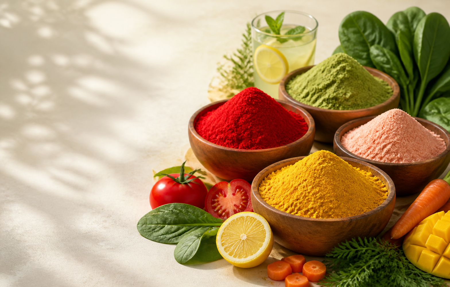 Colourful natural powders with fresh vegetables and fruits